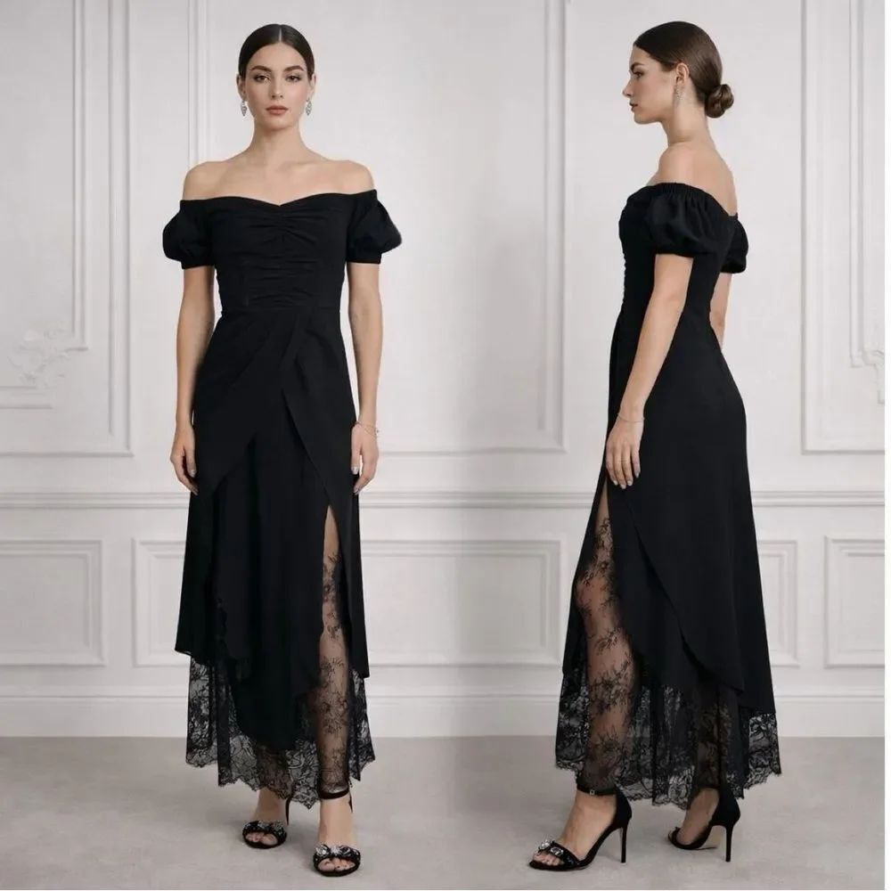 SELF-PORTRAIT Black Off shoulder gown with lace insert